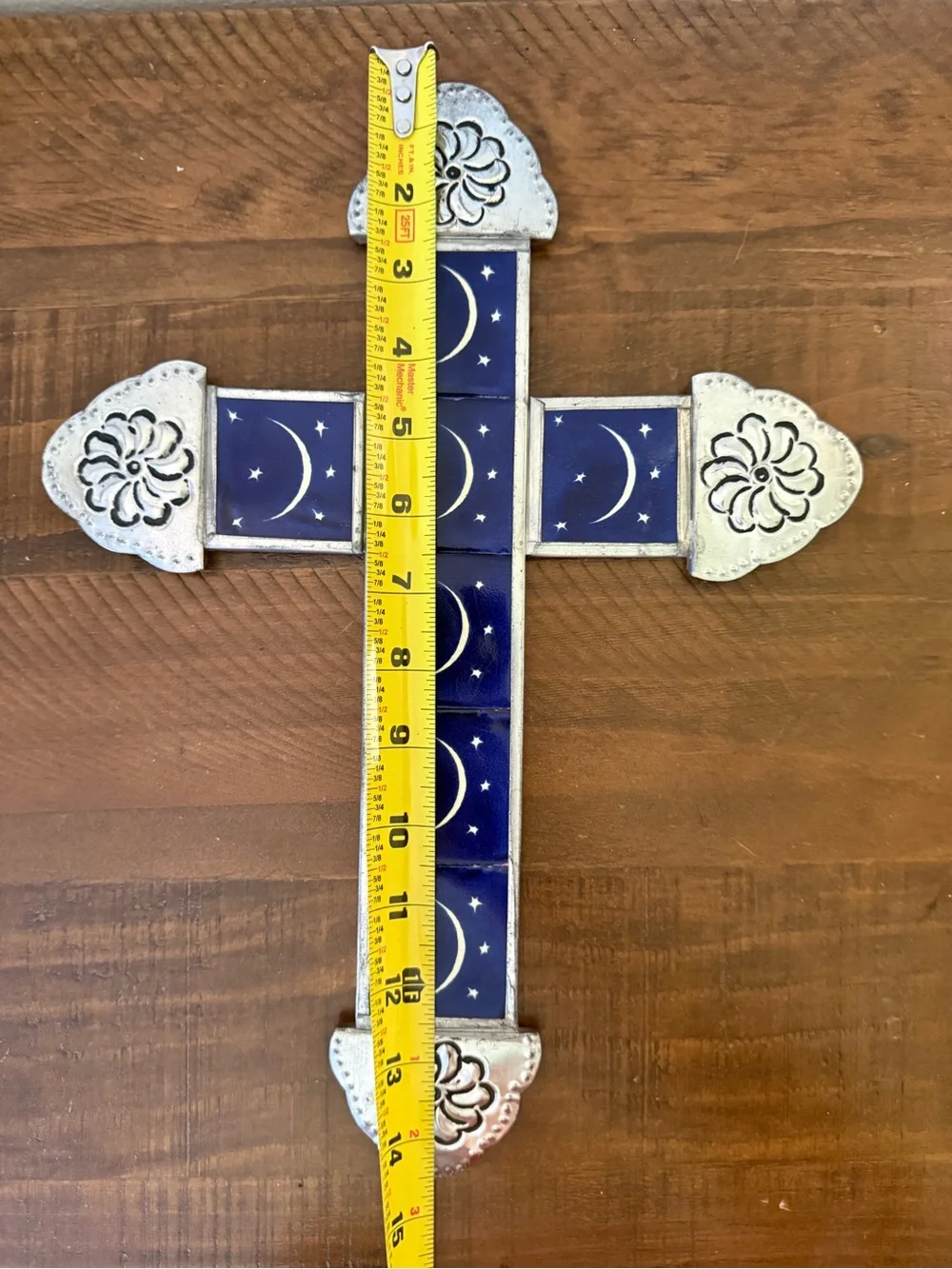 Talavera Style Metal & Blue Ceramic Tile Wall Cross 14” Moon Stars